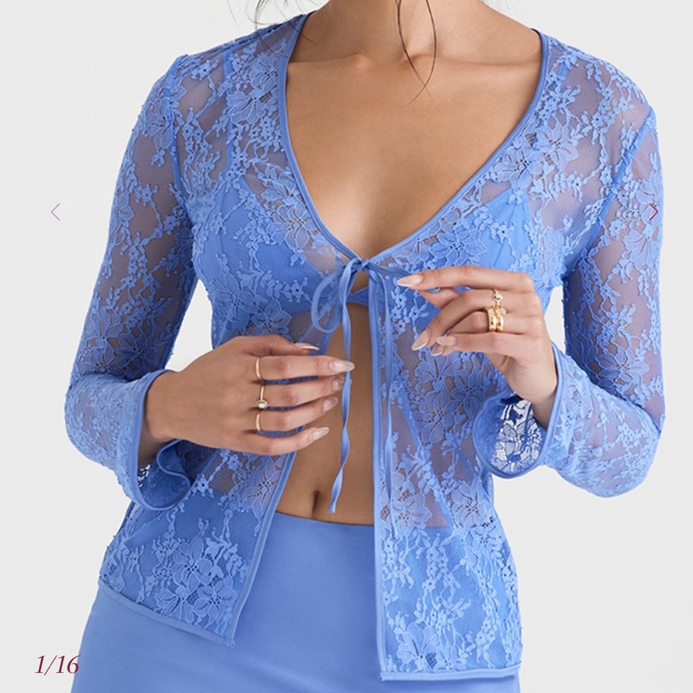 house of cb ~ PHOEBE- Blue Lace Tie Front Top